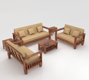 Sheesham Wooden 5 Seater Sofa Set For Living Room | Rosewood Cushion Sofa With Side Newspaper Holder For Home & Office | Lounge (Walnut, 3+1+1 Seater)