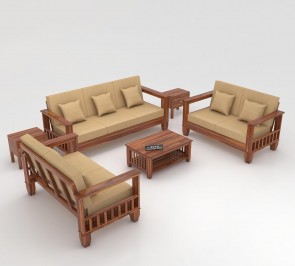 Sheesham Wooden 5 Seater Sofa Set For Living Room | Rosewood Cushion Sofa With Side Newspaper Holder For Home & Office | Lounge (Walnut, 3+1+1 Seater)